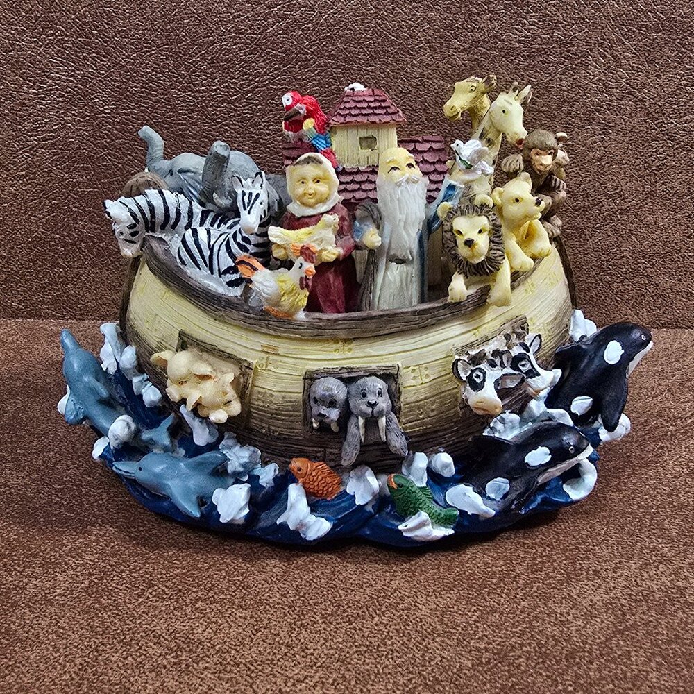 Noahs Ark Figurine Resin Boat Waves Animals Approximately 5.5" Musical Works